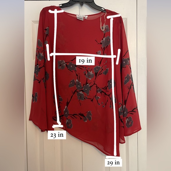 S Vintage Sheer Red Cherry Asymmetrical Blossom Floral Blouse w/Bell Sleeves - Picture 6 of 6